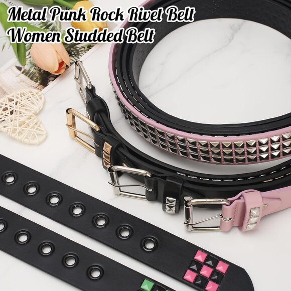 Women's Pink Metal Punk Rock Rivet Belt With Bright Pyramid Studded - Picture 5 of 7